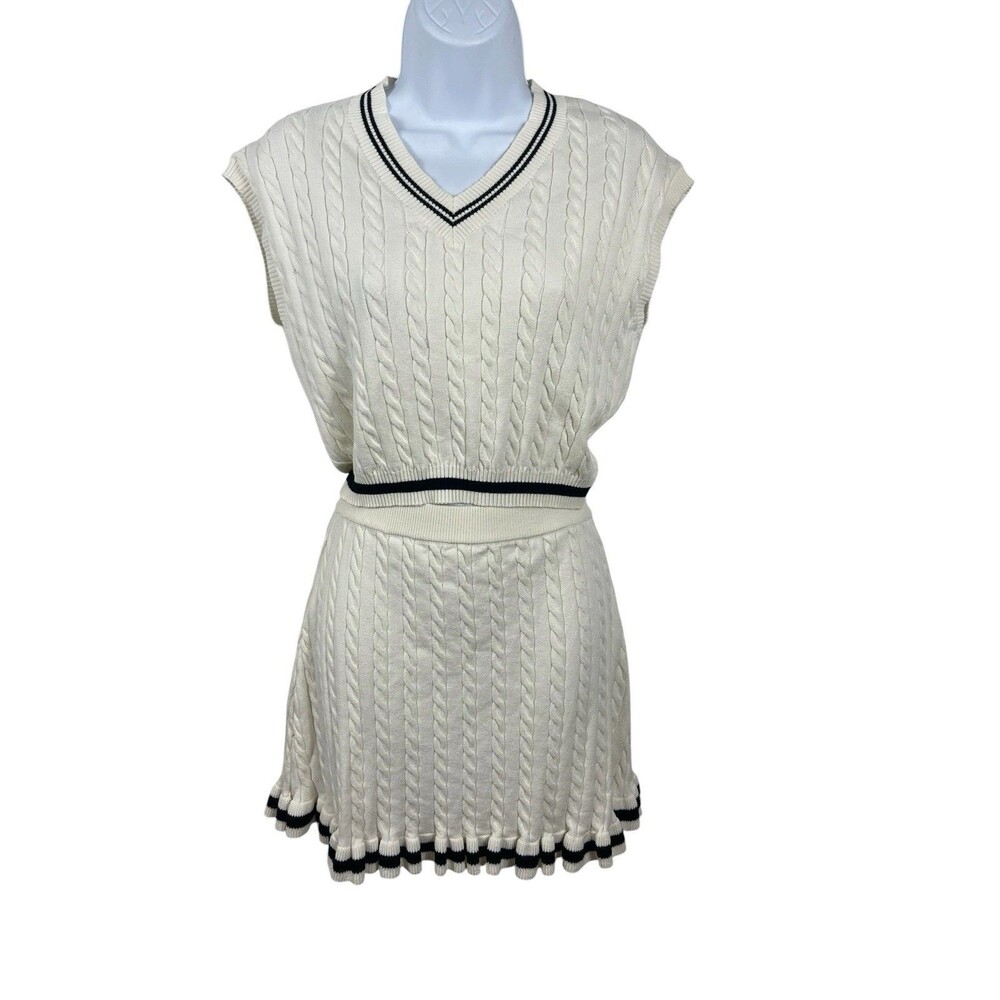 Willow & Wind Two Piece Cable Knit Sweater Skirt Set S Cream Tennis Preppy